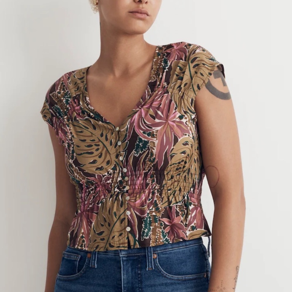 NWT Madewell Shirred Cap Sleeve Top Monstera Print XS